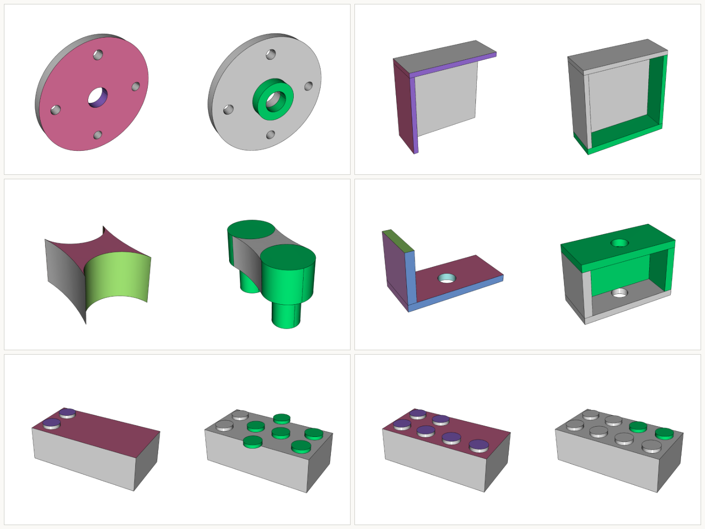 Six qualitative pairs comparing geometry inputs with generated CSG results