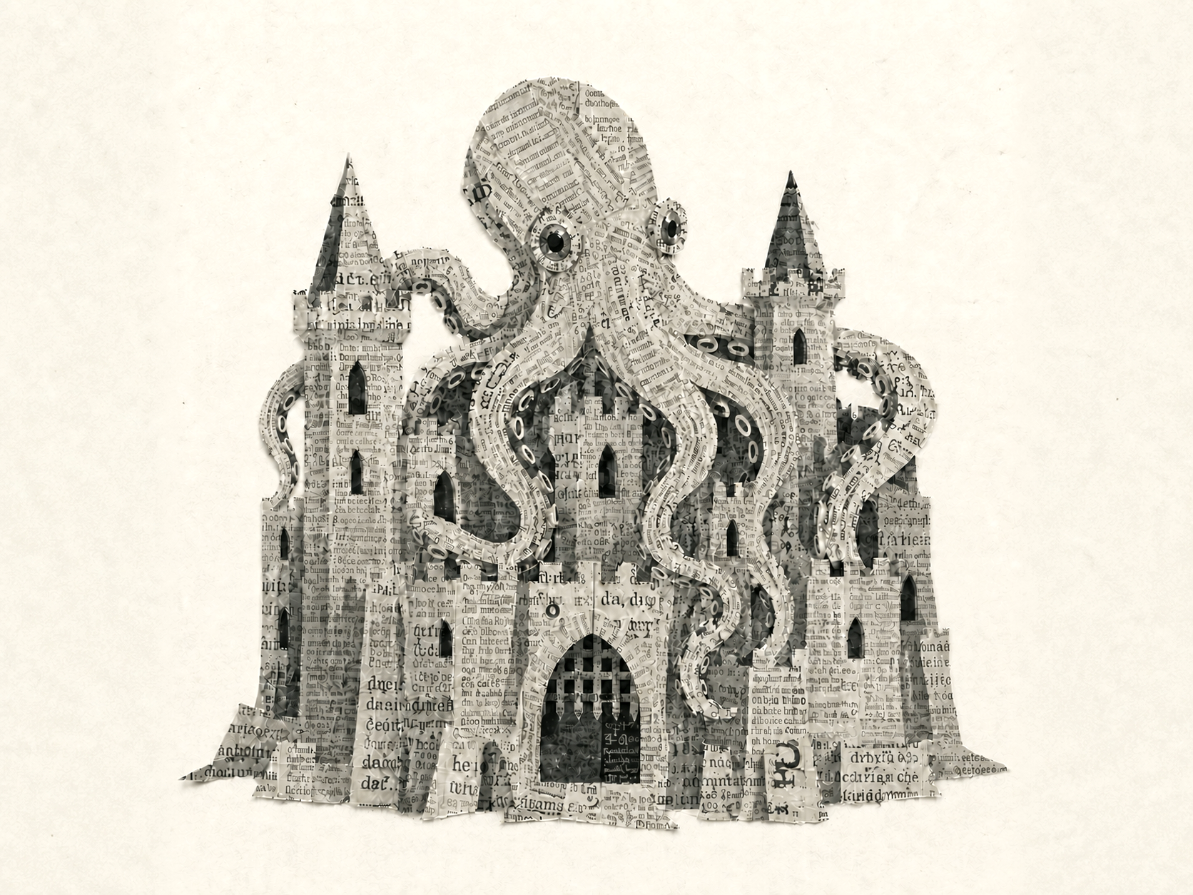 Paper collage of an octopus draped over a castle built from printed text